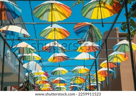 A street decorated with colorful umbrellas in Puerto Plata, Dominican Republic Royalty-Free Stock Photo #2259911523
