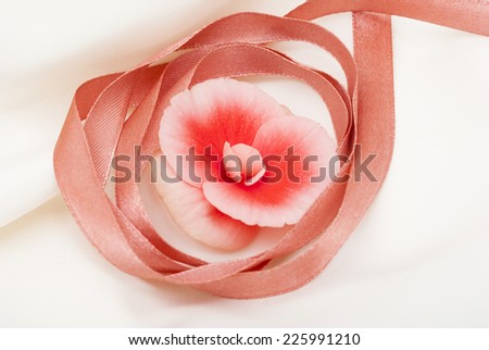 begonia flowers decorated with ribbon on silk background