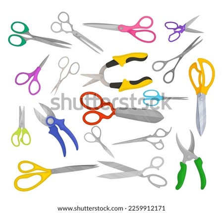 Set of scissors for cutting hair, needlework, craft, manicure cartoon vector