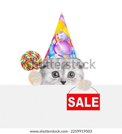 Cute kitten wearing party cap holds lollipop and shows signboard with labeled "sale" above empty white banner. isolated on white background