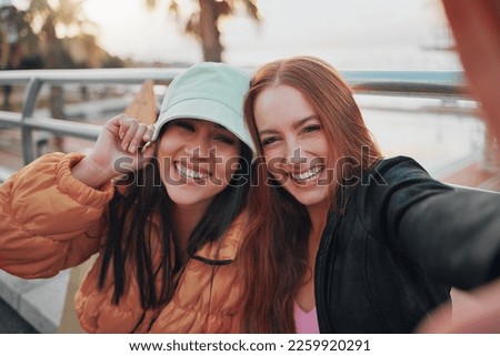 Selfie, freedom and portrait of friends on vacation in the city for summer fun and bonding. Happy, travel and women with smile taking picture together outdoor in town while on holiday or weekend trip