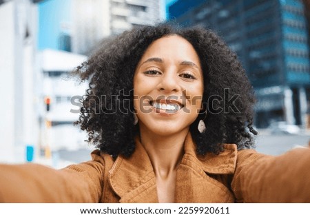 Black woman, city and selfie with smile, sunshine and urban adventure on sidewalk in summer. Girl, outdoor and street for digital photo, profile picture or web app with happiness, holiday or travel