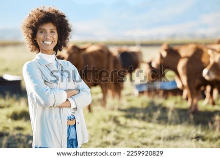 Smile, cow and agriculture woman on farm for sustainability, production or thinking industry growth. Agro, arms crossed or management of farmer on countryside field for dairy, animals for nature