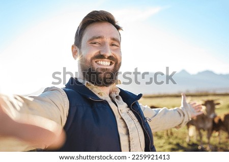 Selfie, agriculture or man video call with cow for social media, eco friendly blog or agro small business advertising. Marketing, face or happy farmer portrait for sustainability or 5g networking