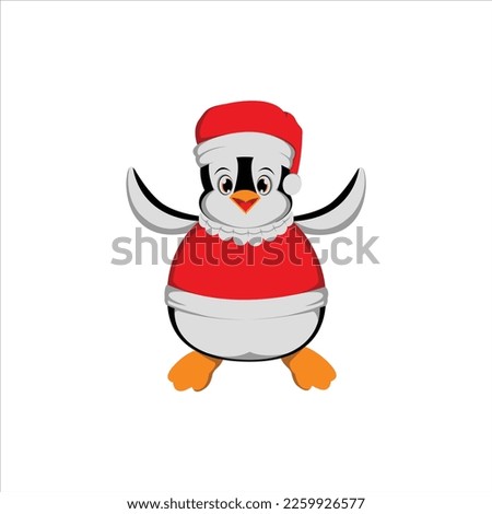 Funny merry penguin in Santa Claus costume, a character for greeting cards and advertising for Christmas and New Year.