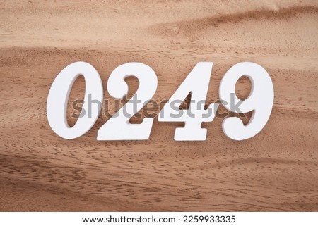 White number 0249 on a brown and light brown wooden background.