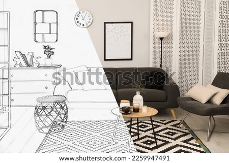 From idea to realization. Stylish living room interior with comfortable furniture. Collage of photo and sketch