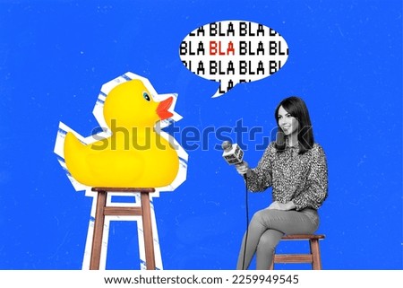 3d retro abstract creative artwork template collage of journalist tacking interview rubber plastic duck isolated painting background
