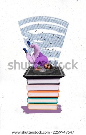 Creative picture artwork sketch collage photo poster of crazy guy advertise book store like audio books isolated on painted background
