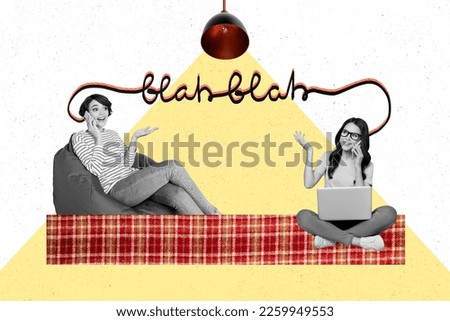 Drawing picture image artwork collage photo poster of two girls chatting telephone discuss news blah blah isolated on painted background