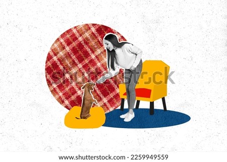 Collage 3d image of pinup pop retro sketch of happy smiling lady giving snacks her small friend isolated painting background