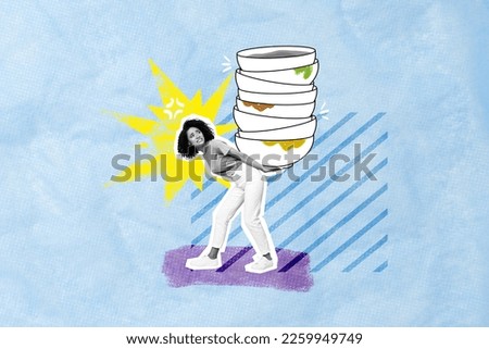 Artwork magazine collage picture of stressed depressed lady holding dirty dishes stack isolated drawing background