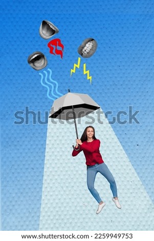 Creative picture image artwork collage photo poster of beautiful lady flying sky under negative sayings isolated on painted background