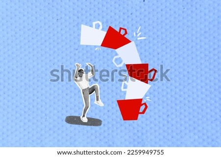 Creative minimalistic picture image artwork collage photo poster banner of crazy person stands under big cup isolated on painted background