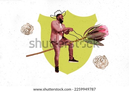 Creative picture artwork sketch collage photo poster postcard of handsome man sit big flower riding ahead isolated on drawing background