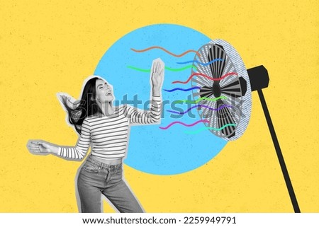 Magazine poster ads collage of funky lady feeling great blowing cold air electric fan on summer hot day