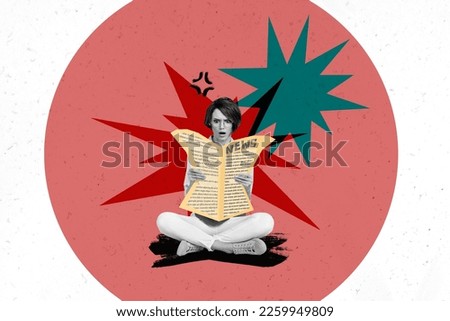 Creative collage template image of amazed businesswoman read world breaking news about ukraine war in publication paper Royalty-Free Stock Photo #2259949809