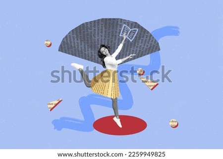 Photo collage artwork minimal picture of smiling excited lady enjoying reading book isolated drawing background