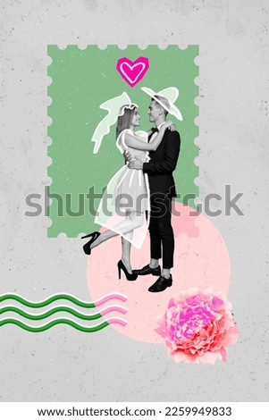 Vertical photo collage of young lovely couple student hugs together carefree dance celebrate marriage wedding day isolated on painted background