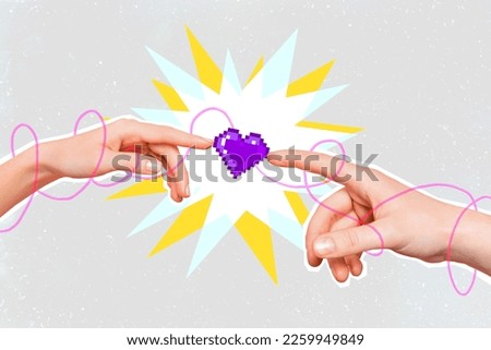 Creative picture image artwork collage photo poster of two human hands hold heart warm feelings romance isolated on painted background