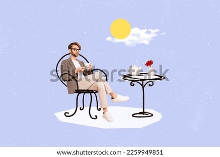 Creative magazine banner collage of elegant macho man modern entrepreneur sit table cafe drink fresh tasty coffee