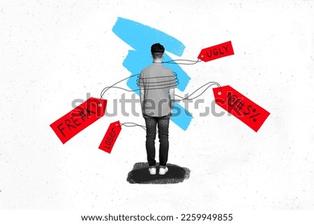 Collage photo of young student man stay behind tag ugly freak loser harassment humiliation violence depression isolated over white color background