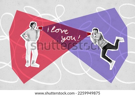 Photo artwork minimal collage poster funny sweethearts couple students screaming loudspeakers phrase love you isolated on painted background
