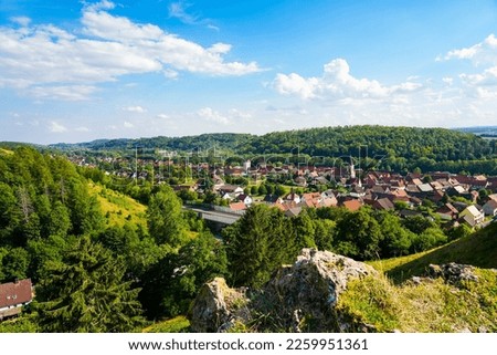 Landscape on the Steinberg in the landscape protection area in Herzberg am Harz, Lower Saxony. View from the mountain to the surrounding nature.	 Royalty-Free Stock Photo #2259951361
