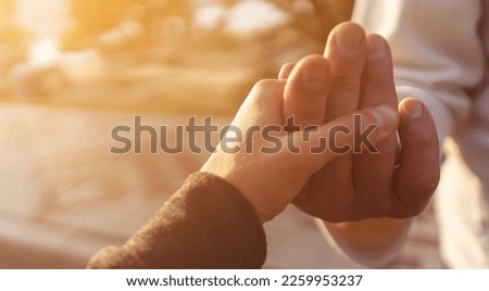 A gentle touch, a man's hand to a woman's hand, an elderly couple holding hands together on a walk in the park in the sun, the husband cares and supports his wife.