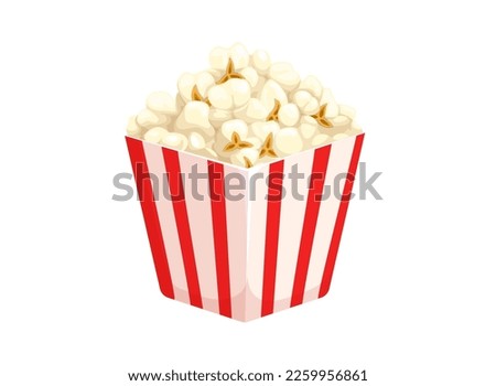 Cartoon pop corn bucket, isolated vector carton disposable box, paper package full of popcorn kernels. Fast food snack in red and white striped container for cinema or movie theater amusement Royalty-Free Stock Photo #2259956861