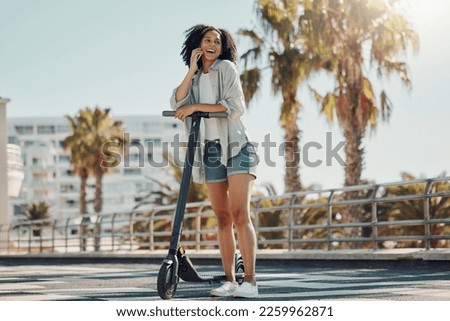 Scooter, phone call and black woman in city talking, chatting or speaking outdoors. Travel, communication and happy female with electric moped and 5g mobile laughing at funny conversation in street. Royalty-Free Stock Photo #2259962871