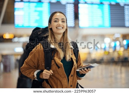 Airport, travel and portrait of woman with passport, flight ticket or information of immigration, journey and backpack. Young person, identity document and international registration. faq or about us Royalty-Free Stock Photo #2259963057