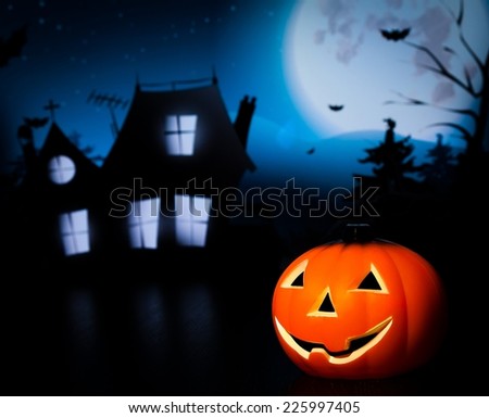 Halloween night background with scary house and bat and pumpkin, halloween party concept