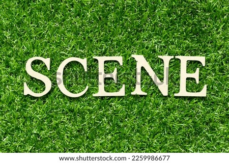 Wood letter in word scene on green grass background