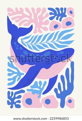 Underwater world, ocean, sea, fish and shells poster template. Modern trendy Matisse minimal style. Hand drawn design for wallpaper, wall decor, print, postcard, cover, template, banner.