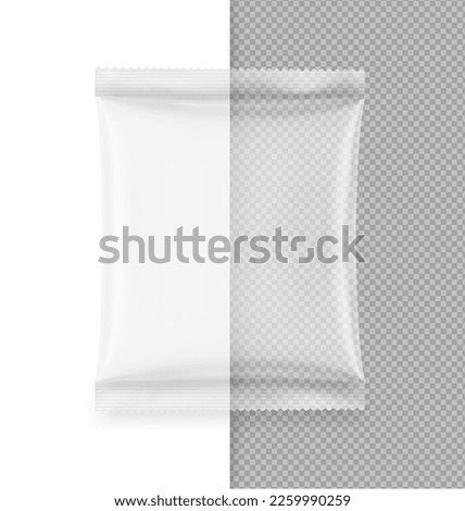 Realistic vertical flow pack mockup. Vector illustration isolated on transparent background. Can be use for template your design, promo, adv. EPS10. Royalty-Free Stock Photo #2259990259