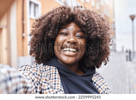 Black woman, portrait or afro selfie in city, urban holiday or vacation on fashion vlog, social media or live streaming blog. Smile, happy or travel influencer face in photography or profile picture