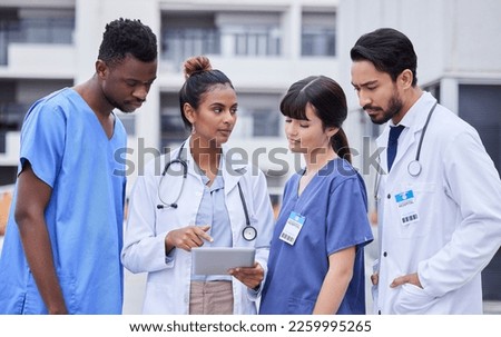 Doctors, research or teamwork on tablet outdoor for collaboration, networking or medicine search. Medicine, medical or group of nurse on 5g tech app for innovation, data analysis or strategy planning