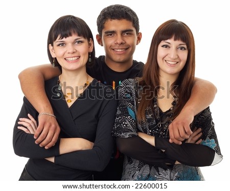 Portrait of three happy friends isolated on white background