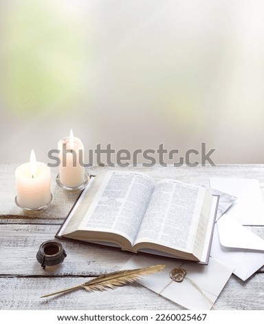 Grunge past age worn jew psalm teach pray open holy sacred Оewish torah law ink quill pen write page light wood desk table text space. Closeup top view New culture god gospel post card art still life
