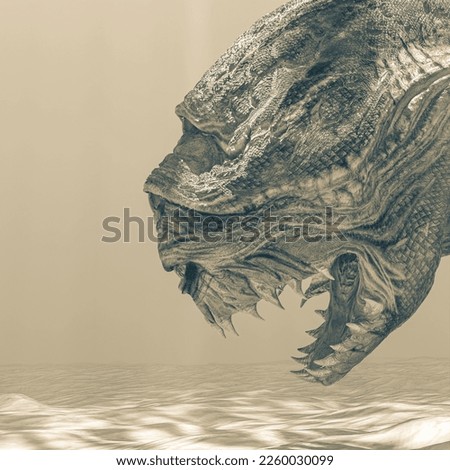 close up on the head of the monster triclogalodon is under the sea, 3d illustration
