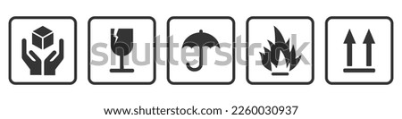 Fragile goods icons, warning signs FRAGILE MARK label, box decals, shipping mark, package mark, fragile label stamp. Packaging icons - stock vector Royalty-Free Stock Photo #2260030937