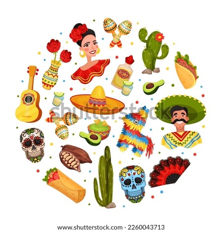 Ethnic Mexican Symbols Round Composition Design with Traditional Objects Vector Template