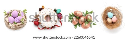 Set of Easter eggs and cake on white background