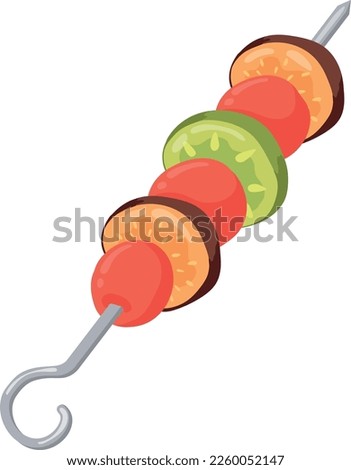 Roasted vegetable slices on metal stick. Grilled barbecue food isolated on white background