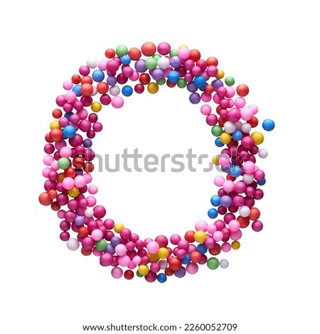 Capital letter O made of multi-colored balls, isolated on a white background.