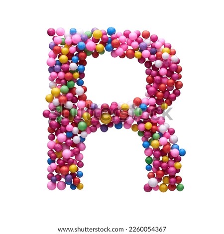 Capital letter R made of multi-colored balls, isolated on a white background.