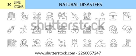 Natural disasters, pollution, related to evacuation, editable stroke icons Vector illustration Royalty-Free Stock Photo #2260057247