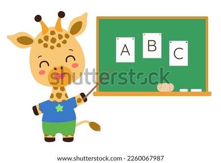 School student giraffe standing next to chalkboard with pointer. Abc learning. Cartoon giraffe elementary pupil. Cute kawaii animal. Primary school subject vector. Education resources.