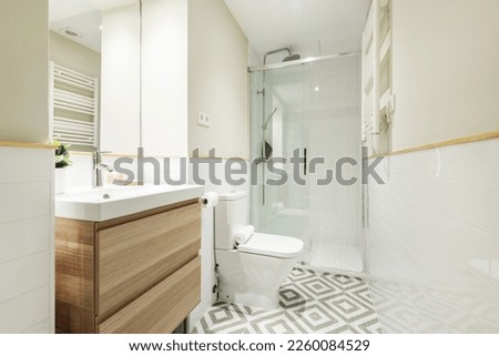 Newly renovated bathroom with small wooden cabinet with drawers and white porcelain sink, shower cabin with glass screen, mirror integrated into the wall and decorative plant Royalty-Free Stock Photo #2260084529